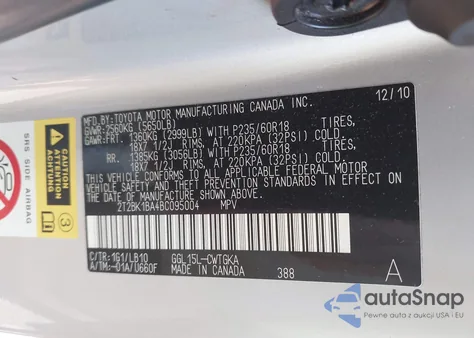 2011 Lexus Rx 350 z USA, uszkodzony, nr VIN 2T2BK1BA4BC095004